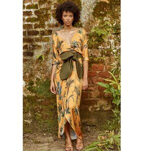 Andres Otalora Exclusive Lorica Satin Wrap Palm Tree Midi Dress NWT Size Small